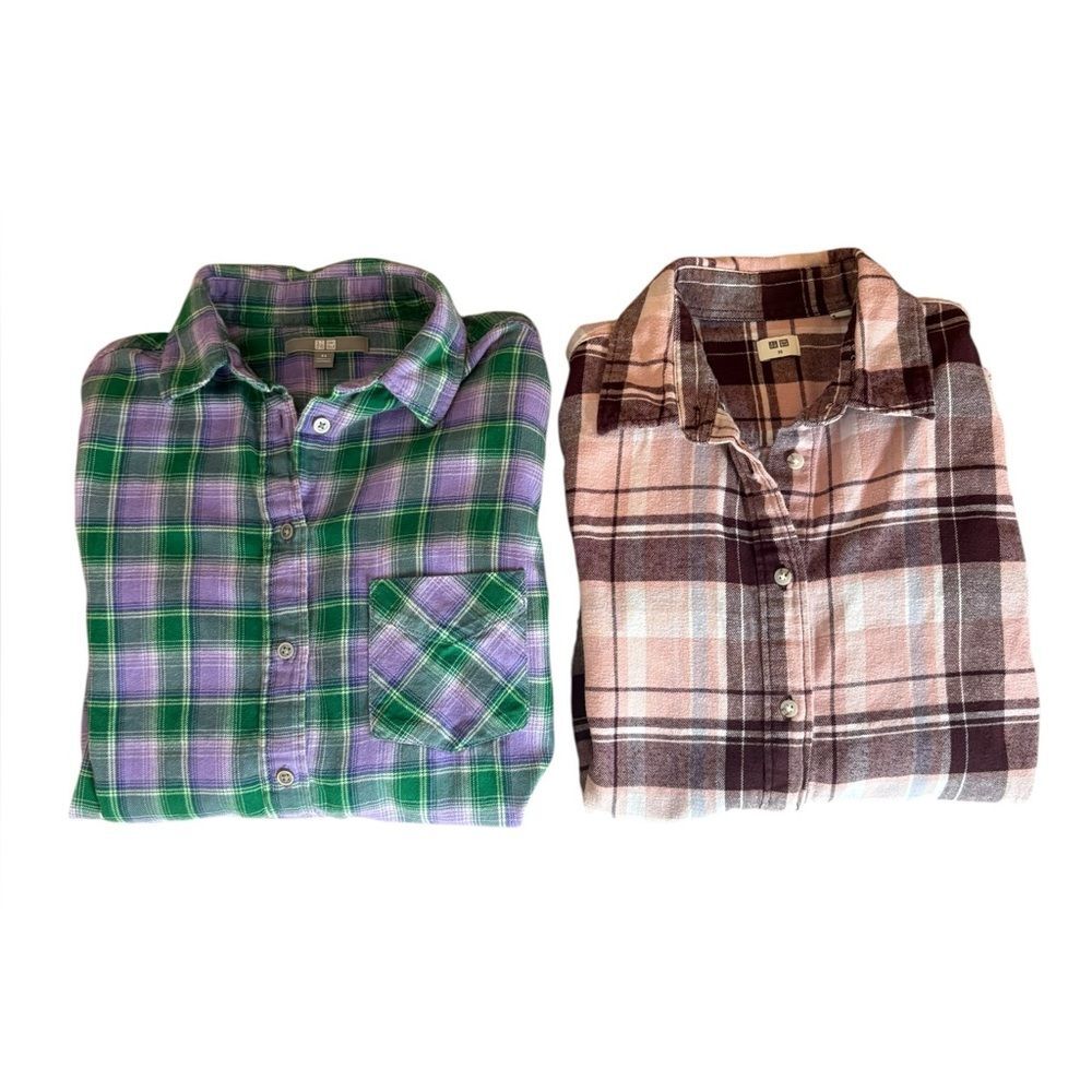 Uniqlo Cotton Plaid Flannel Button Up Shirts Bundle Of 2 Womens XS Green Pink